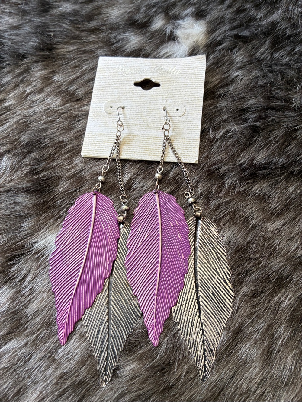 Feather Drop Earrings - Purple and Silver Tone